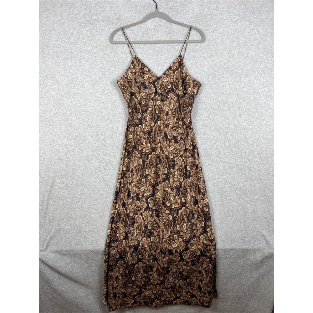 Women’s Brown Paisley Slip Dress with Spaghetti Straps